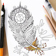 Colouring page with intricate designs, including a feather and yin-yang symbol, with art supplies on a white background.