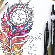Coloring book page with mandala design and markers on a white background