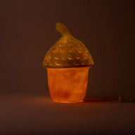 Glowing acorn-shaped lamp on a dark background