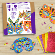 A creative kit with 8 jungle-animal-themed masks to decorate with mosaic stickers. Children pick a mask and attach the stickers by following the colour indicators.
