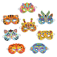A creative kit with 8 jungle-animal-themed masks to decorate with mosaic stickers. Children pick a mask and attach the stickers by following the colour indicators.