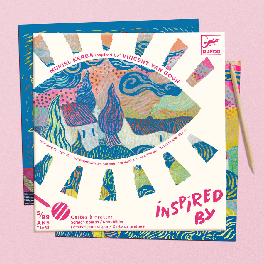 Scratch art kit with colorful design and 'Inspired by' text on a pink background