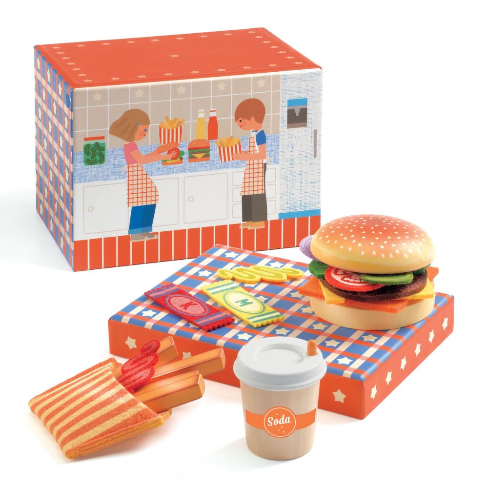 Wooden Play Food - make your own burger and fries play set