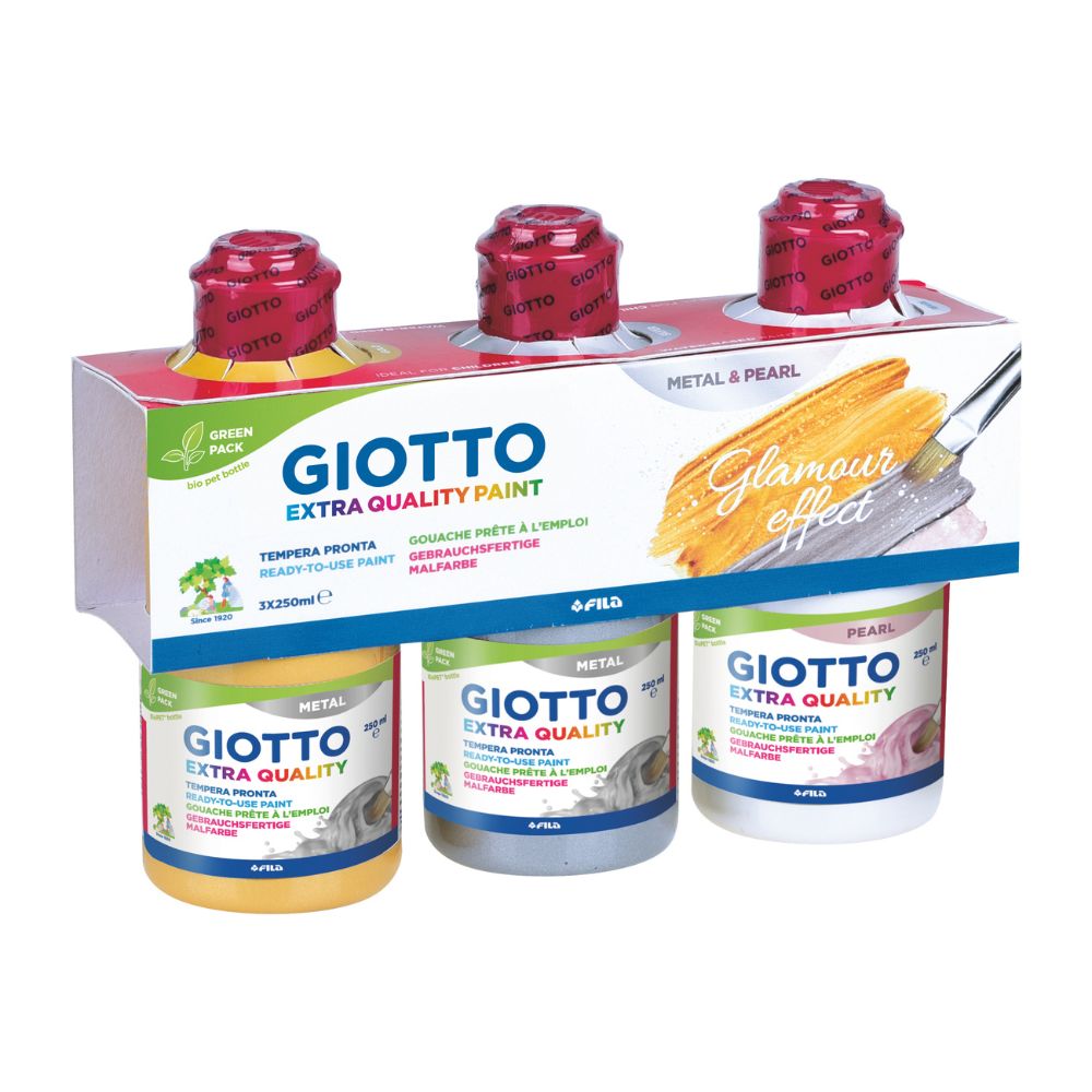 Giotto Extra Quality Metallic & Pearl Paint 3 x 250ml bottles – shimmer kids craft paint set