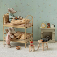 Maileg Bunk Bed for Mice in Wheat with mattresses, pillows and blankets for Maileg Mouse Hole Farmhouse.