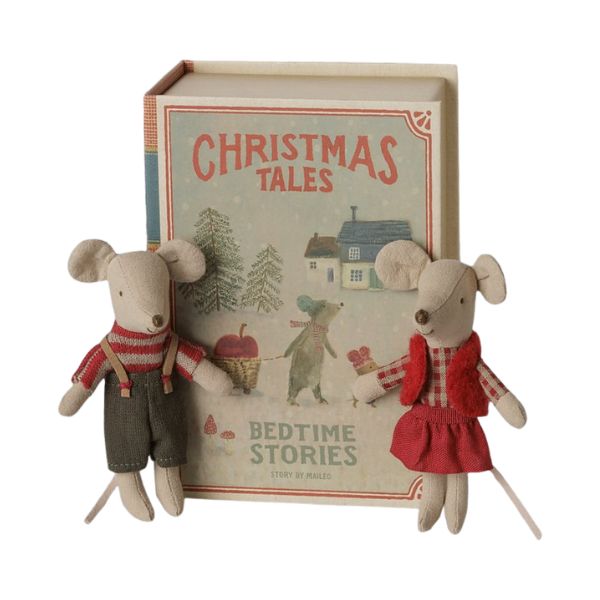 Maileg Christmas Twin Mice, Little Sister and Brother in Book