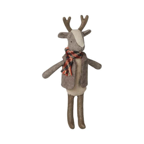 Maileg Reindeer Father soft toy wearing vest and striped scarf