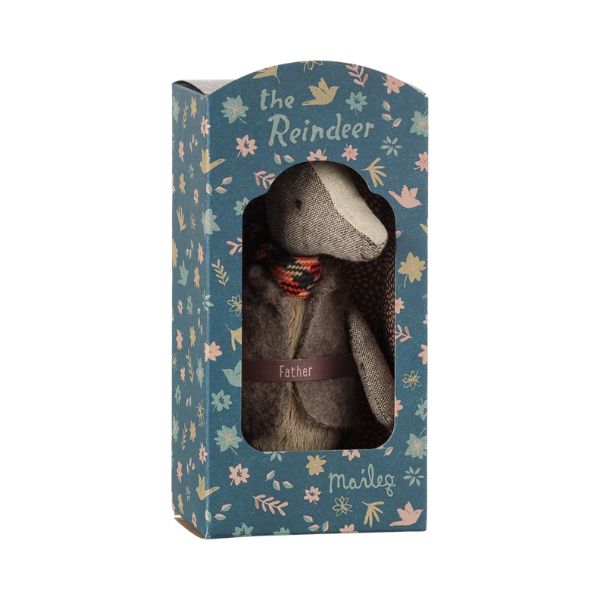 Maileg Reindeer Father soft toy wearing vest and striped scarf