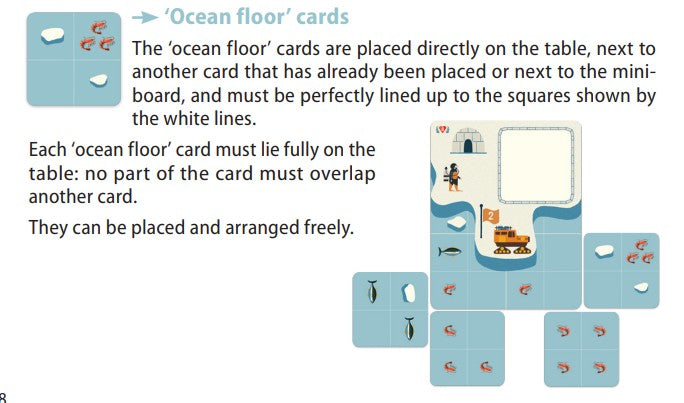 Instruction sheet showing how to arrange 'Ocean floor' cards on a table, with a small example layout and printed rules on a white background.