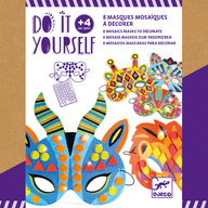 A creative kit with 8 jungle-animal-themed masks to decorate with mosaic stickers. Children pick a mask and attach the stickers by following the colour indicators.