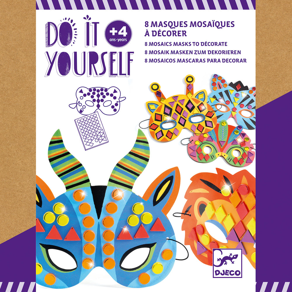 A creative kit with 8 jungle-animal-themed masks to decorate with mosaic stickers. Children pick a mask and attach the stickers by following the colour indicators.